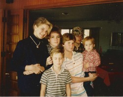 A gaggle of cousins around 1986. Please note how VERY VERY sophisticated Jennei and I were pretending to be (well, Jennei actually was). Also pictured: Amy Mills holding Andrew Cullen, Benjamin Cullen (front) and Michael Mills (back). 